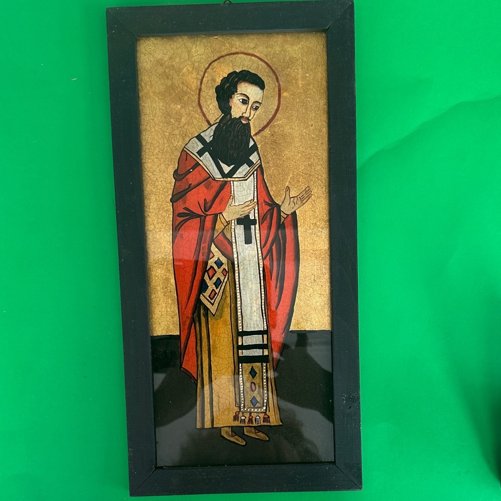 Framed Religious Icon Art with Red and Gold Leaf Accents depicting St Basil